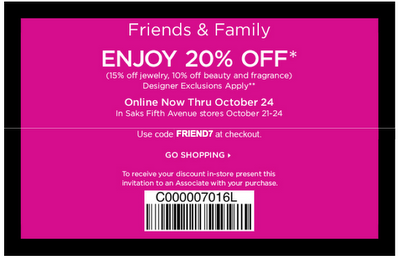 Saks Friends and Family Discount: 20% Off