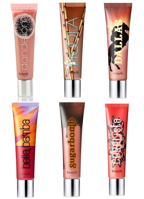 Benefit Ultra Plush Lip Gloss In Hoola, Bella Bamba, Sugarbomb, Dallas, Coralista and Dandelion